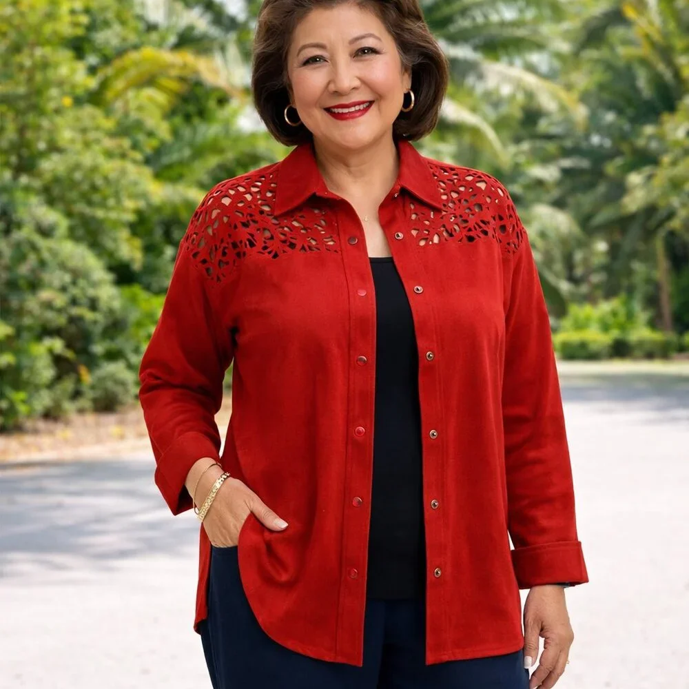 Attitudes by Renée Faux Suede Laser Cut Button Front Shirt Jacket Red Small